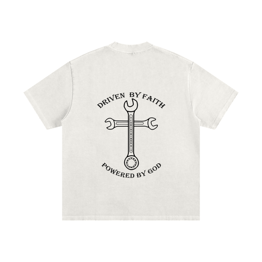 Driven By Faith Cross Powered by God Back Heavyweight Vintage Washed Frayed T-Shirt